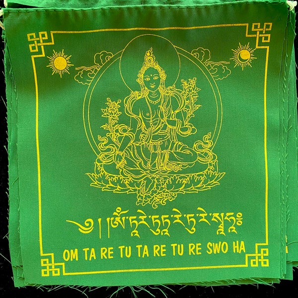 Green Tara Prayer Flags | Tibetan Prayer Flags | 8in x 8in | 1 set of 10 flags