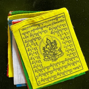 May include: A set of five colorful prayer flags with Tibetan text and a central image of a deity. The flags are yellow, red, white, blue, and green.