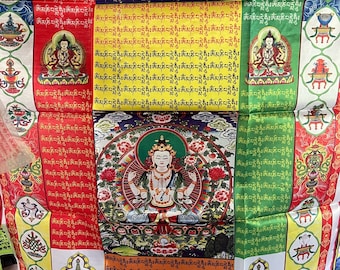 Huge Chenrezig Prayer Flag Banner |Tibetan Prayer Flags | 27in x 36in | 1 single flag | Poly Silk | vertical flag or wall