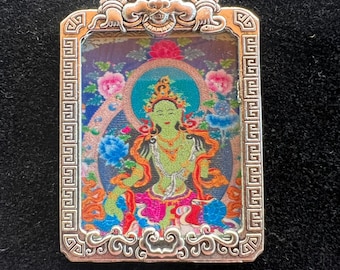 Tiny Thangka Green Tara Locket Pendant | Approx 1.5 in by 2 in | Nepal