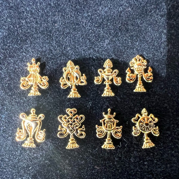 Tiny Eight Auspicious Symbols | 18 Carat Gold Gilt over 925 Sterling Silver | set of 8 symbols |  Approx. 1/2 inches high | Mandala Offering