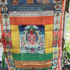 Huge Amitayus Prayer Flag Banner |Tibetan Prayer Flags | 27in x 36in | 1 single flag | Poly Silk | vertical flag or wall | Tsepamé