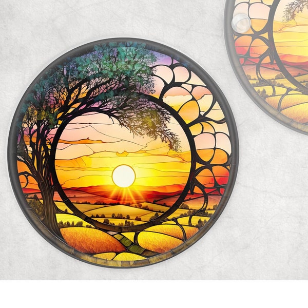 Ensemble de sous-verres en verre ronds coucher de soleil à la campagne, faux vitrail, cadeau boîte aux lettres, ensemble cadeau d'anniversaire de vaisselle pour maman, amis, famille