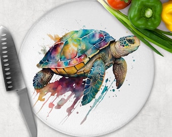 Watercolor Turtle Glass Cutting Board: Ocean Kitchen Decor