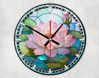 Lotus flower glass wall clock, wall decor,faux stained glass, housewarming gift, birthday gift for family, freinds, colleague