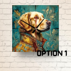 Square Glass Wall Clock with Regal Golden Retriever – Elegant Dog Portrait Clock, Luxury Pet Lover Home Décor Gift