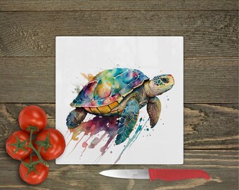 Watercolor Sea Turtle Glass Cutting Board: Coastal Kitchen Decor