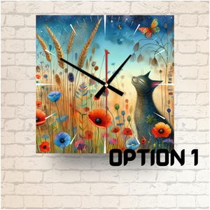 May include: A colourful clock featuring a cat gazing upwards at a butterfly in a field of flowers. The clock face is black with white hands. The text "OPTION 1" is at the bottom of the image.