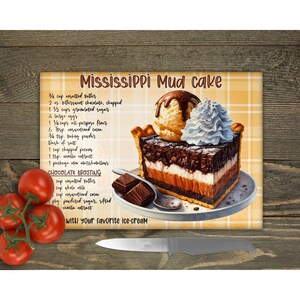 May include: A recipe for Mississippi Mud Cake with a slice of the cake topped with ice cream and whipped cream. The recipe is written on a yellow and white checkered background.