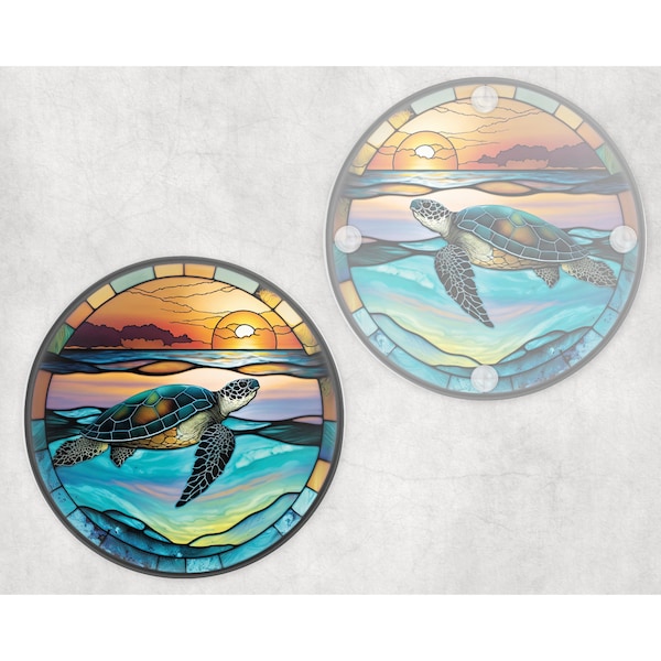 Sea Turtle round glass coasters, faux stained glass,  letter box gift,  tableware birthday gift for her, him, for mother, friends, family