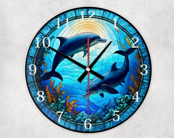 Dolphins glass wall clock, wall decor, faux stained glass, housewarming gift, birthday gift for family, freinds and colleagues