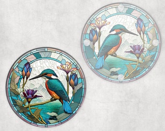 Kingfisher ronde glazen onderzetters, faux glas-in-lood, brievenbuscadeau, servies verjaardagscadeau voor haar, hem, voor moeder, vrienden, familie