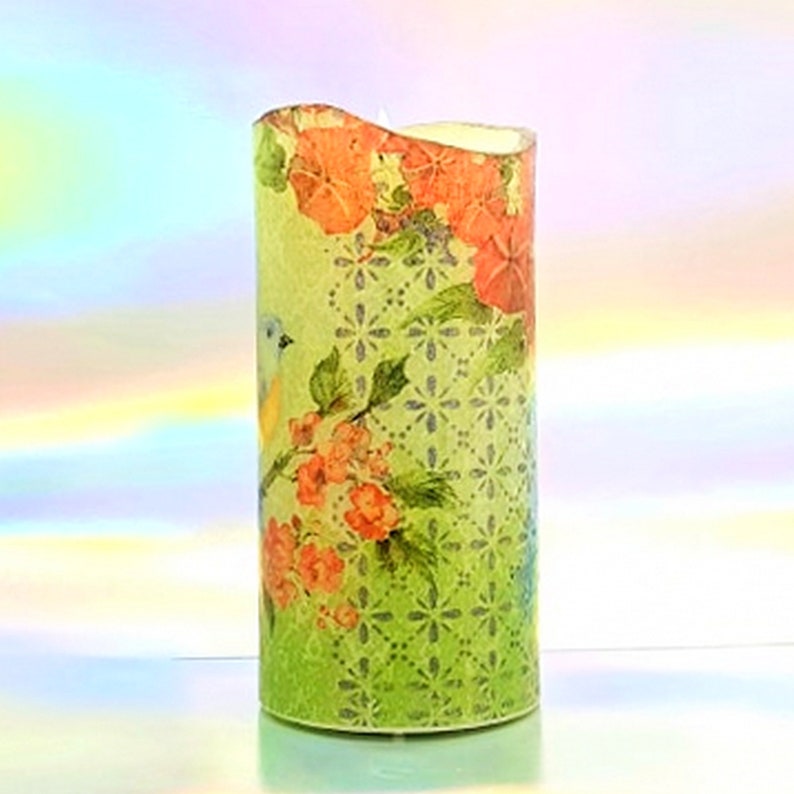 LED flameless candle floral pillar candle Pastel birds Etsy