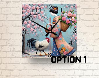 Japanese Kimono Girl Glass Clock: Rooster & Cherry Blossom Wall Art