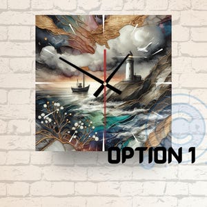 May include: Square wall clock depicting a coastal scene with a lighthouse, boat, and ocean waves. The artwork has a watercolour style with shades of blue, green, and gold. The clock hands are black, and the text "OPTION 1" is at the bottom.