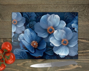 Blue Flowers Glass Chopping Board: Floral Kitchen Decor