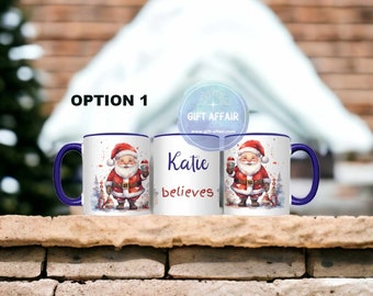 Personalised Santa coffe tea mug, 11oz navy handle Christmas mug for hot chocolate, Secret Santa gift, keepsake, 2 patterns