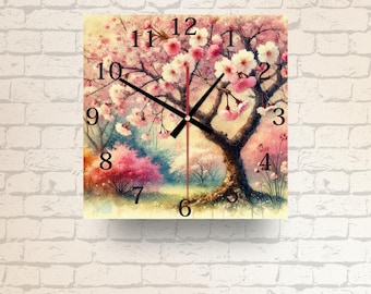 Cherry Blossom Glass Wall Clock: Elegant Spring Home Decor