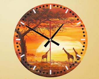 African Sunset Glass or MDF Wall Clock, Giraffe Art, Home Decor