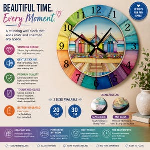May include: A round wall clock featuring a colourful, rainbow-gradient border and a central illustration of three beach huts on a wooden boardwalk. The clock face displays black numerals from 1 to 12, black hour and minute hands, and a red second hand.
