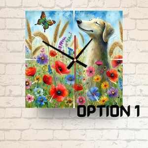 Peut inclure: Horloge murale carrée représentant une peinture à l'aquarelle d'un chien dans un champ de fleurs colorées. Un papillon plane en haut à gauche. Les aiguilles de l'horloge sont noires, et le texte "OPTION 1" est en bas.
