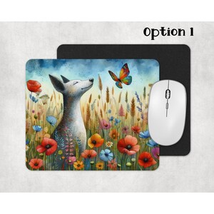 May include: A white dog with black spots stands in a field of colourful wildflowers. A butterfly with orange, yellow and blue wings flies above the dog. The dog looks up at the butterfly with its mouth open.
