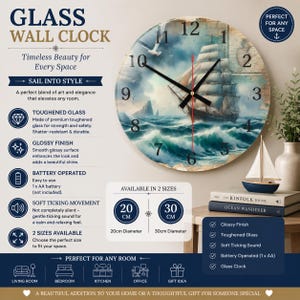 May include: A round glass wall clock featuring a printed image of a sailing ship on turbulent ocean waves with black hour and minute hands. The clock face displays numbers one through twelve and is available in 20 cm and 30 cm diameter sizes.