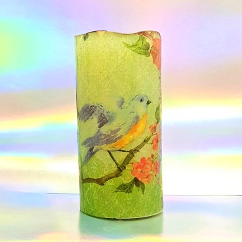 LED flameless candle floral pillar candle Pastel birds Etsy