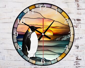 Faux Stained Glass Penguin Clock: Arctic Sunset Home Decor