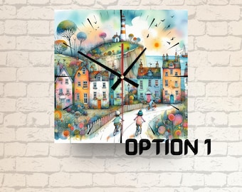 Seaside Town Glass Wall Clock: Coastal Home Decor, Lighthouse Art