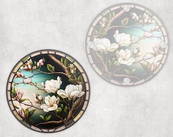 Magnolia ronde glazen onderzetters, faux glas-in-lood, brievenbuscadeau, servies verjaardagscadeau voor haar, hem, voor moeder, vrienden, familie