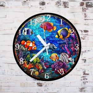 Faux Stained Glass Wall Clock: Tropical Fish & Coral Ocean Theme