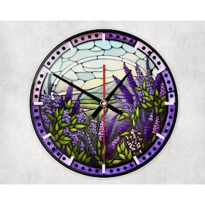 Lavender Flower Glass Wall Clock: Faux Stained Glass Decor