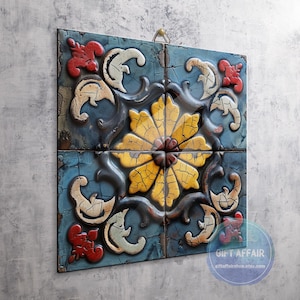 May include: A square wall art piece composed of four tiles featuring a central yellow flower motif with dark brown accents. The design includes cream-coloured scrollwork and red floral elements against a distressed blue background with crackle finish.