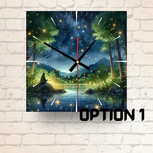 May include: Square wall clock featuring a serene night scene with a person fishing by a lake. The clock face displays a starry sky, trees, and a red second hand. The clock is mounted on a white brick wall.