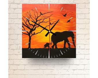 Safari Sunset Glass Wall Clock: African Elephants, Wildlife Decor