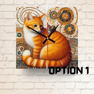 May include: Square wall clock featuring a detailed illustration of a ginger cat with a white chest and a small mouse on its back. The clock face has black hands and is set against a decorative background with geometric patterns. The text "OPTION 1" is at the bottom.