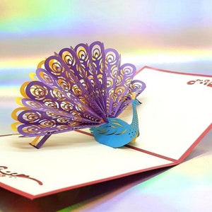 Carte de voeux pop up, Carte découpée laser, Carte 3D, Royal Peacock, Carte d'anniversaire