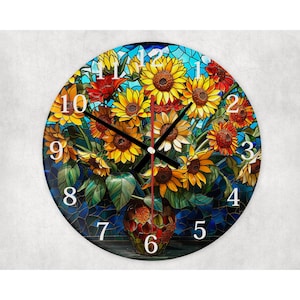 Round Glass Wall Clock with Vibrant Watercolour Sunflowers Bouquet – Colourful Decorative Art Clock for Home or Office Gift