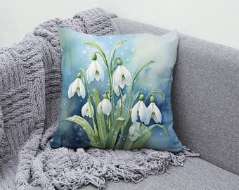 Snowdrops Floral Pillow Cover: Elegant Spring Canvas Cushion
