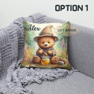 Funda de cojín personalizada de osito bebé: almohada de lona para guardería, regalo para niños, nombre personalizado, decoración de animales del bosque, 6 diseños adorables