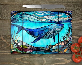 Blue Whale Stained Glass Tempered Glass Chopping Board: Worktop Saver