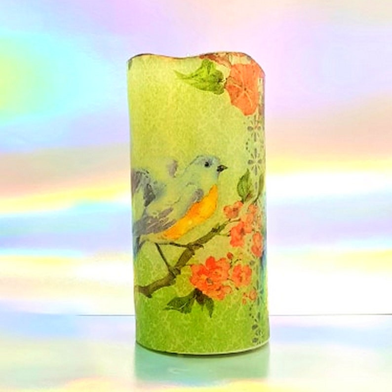 LED Flameless Candle Floral Pillar Candle Pastel Birds Etsy