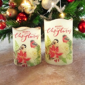 Ensemble de bougies pilier LED de Noël, oiseaux d&#39;hiver, bougies vacillantes sans flamme, bougie fleur de Noël, décoration de 2 bougies de Noël ou cadeau