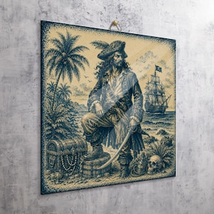 May include: A square wall art print featuring a detailed blue and beige illustration of a pirate standing on a wooden barrel. The scene includes a palm tree, a treasure chest filled with pearls, a sailing ship at sea, and a human skull on the sand.