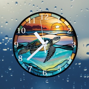Sea Turtle Glass or MDF Wall Clock: Faux Stained Glass Coastal Decor