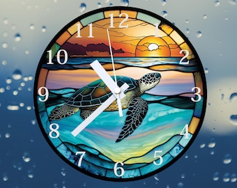 Sea Turtle Glass or MDF Wall Clock: Faux Stained Glass Coastal Decor