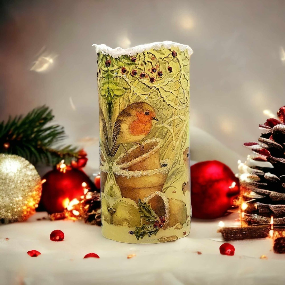 Christmas Flameless LED Pillar Candle, Robin and Squirrel Flickering