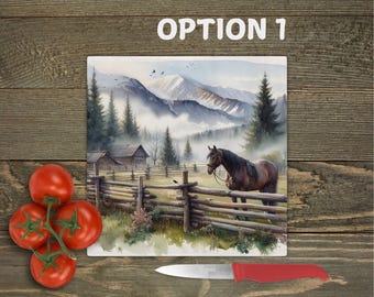 Horse and Mountain Tempered Glass Cutting Board: Rustic Kitchen Decor