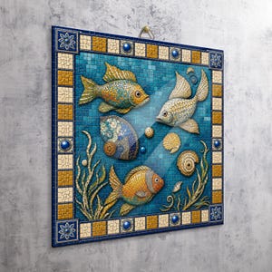 May include: A square wall art piece featuring a mosaic-style underwater scene with three fish, seashells, and seaweed against a blue tiled background. The border is composed of yellow and cream squares with blue circular accents and floral corners.